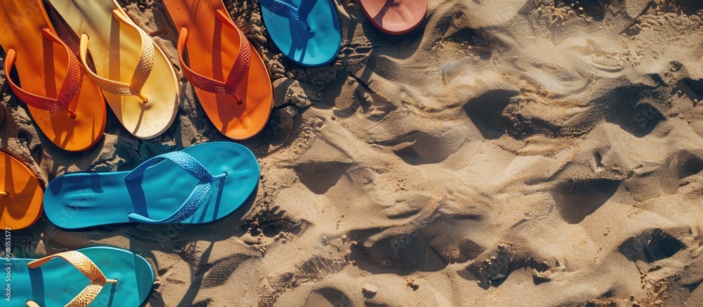 Aufkleber vibrant flip flops spread out on sandy surface for a flat lay photo with copy space image