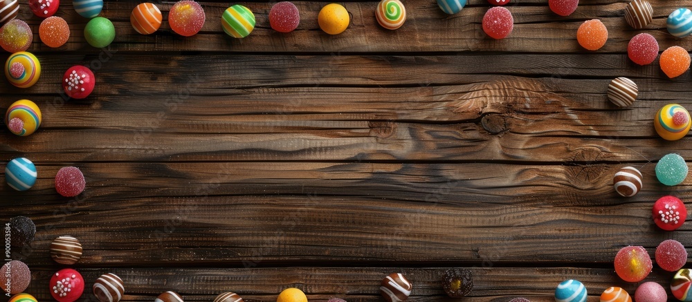 Fototapete a wooden backdrop featuring an array of vibrant candies ideal for copy space images