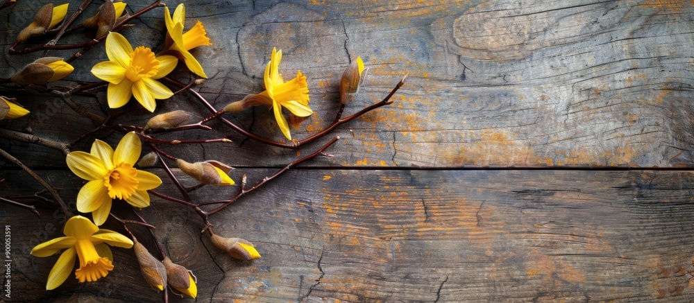 Aufkleber easter themed decor featuring magnolia branch and yellow daffodils on a wooden backdrop with copy sp