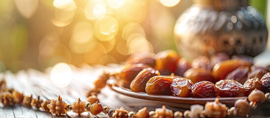 Selective focus nature image with dates rosaries and baklava for Ramadan copy space image