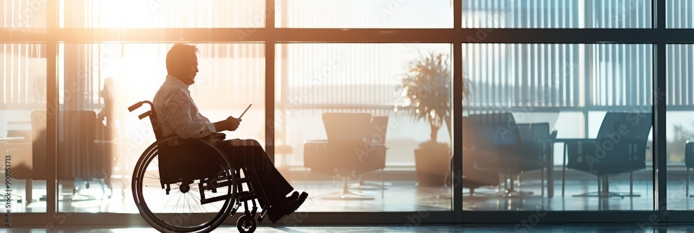 Poster Silhouette of a man in a wheelchair using a tablet in a spacious office. Emphasis on accessibility and workplace inclusion.