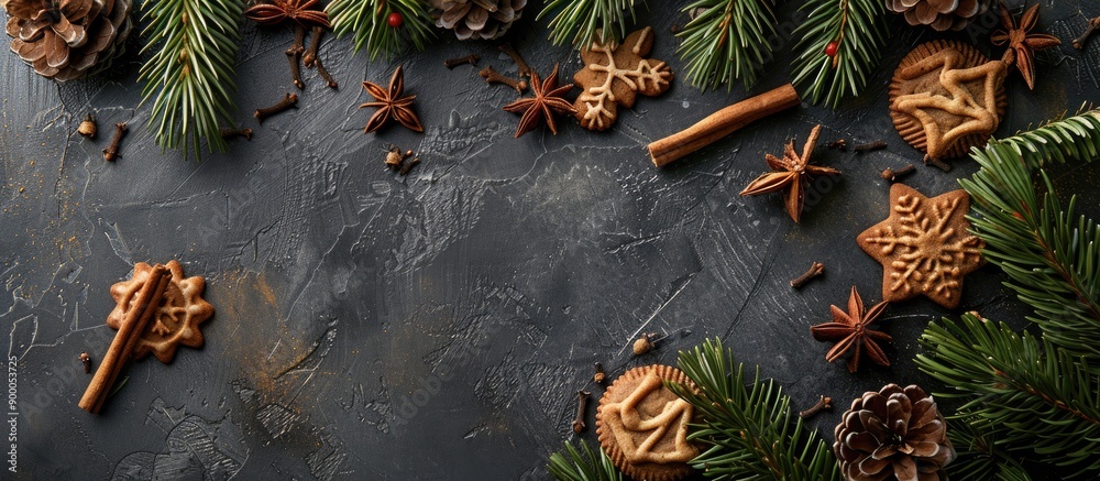Poster top view of a christmas themed arrangement featuring fir branches pine cones cookies cinnamon sticks