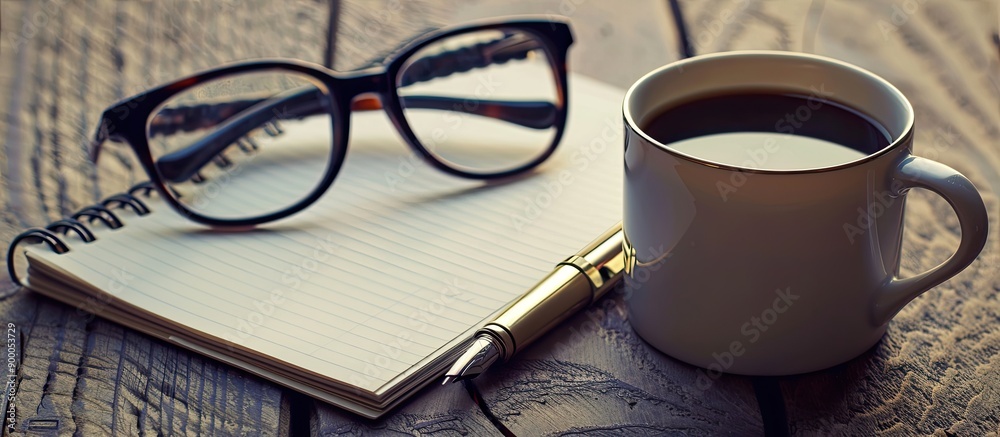 Poster A pen lies on a notepad next to coffee and glasses on a table with copy space image