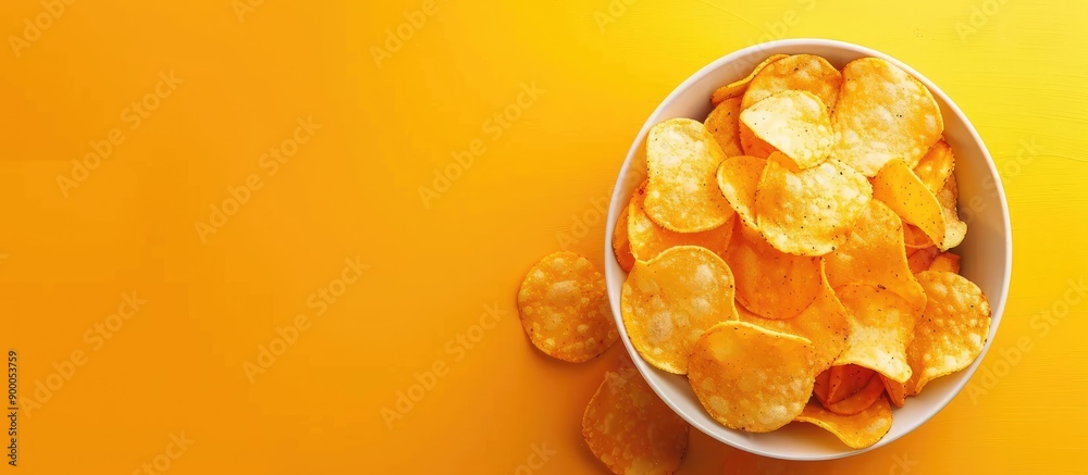 Aufkleber Top view of potato chips in a bowl on a yellow background with space for text or image. with copy space image. Place for adding text or design