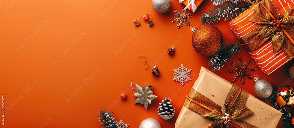 Poster christmas presents shiny ornaments and copy space image on an orange background seen from above in a
