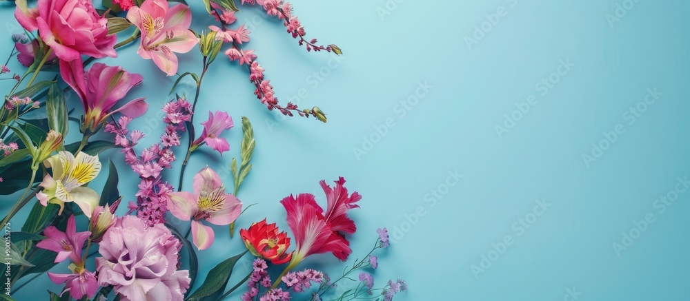 Fototapete table with lovely flowers on a blue backdrop with a vacant section for text alongside a image. with 