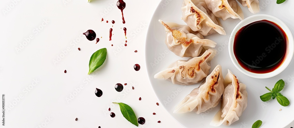 Aufkleber A white background with steamed dumplings and soy sauce providing room for text or other elements in the image. with copy space image. Place for adding text or design