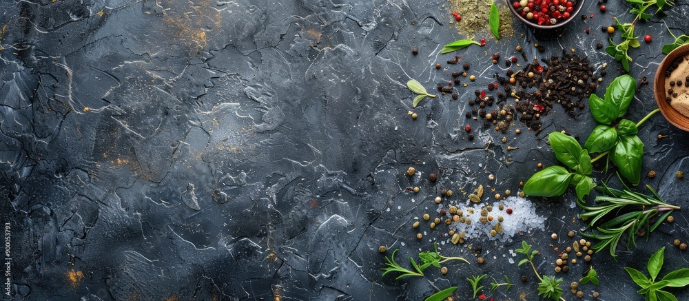 Poster top down view of herbs and spices arranged on a textured stone surface perfect for a cooking themed 
