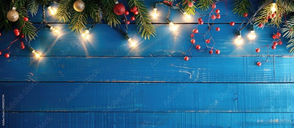 Poster Top view of Christmas garland lights on a blue wooden background with a designated area for adding text creating a copy space image