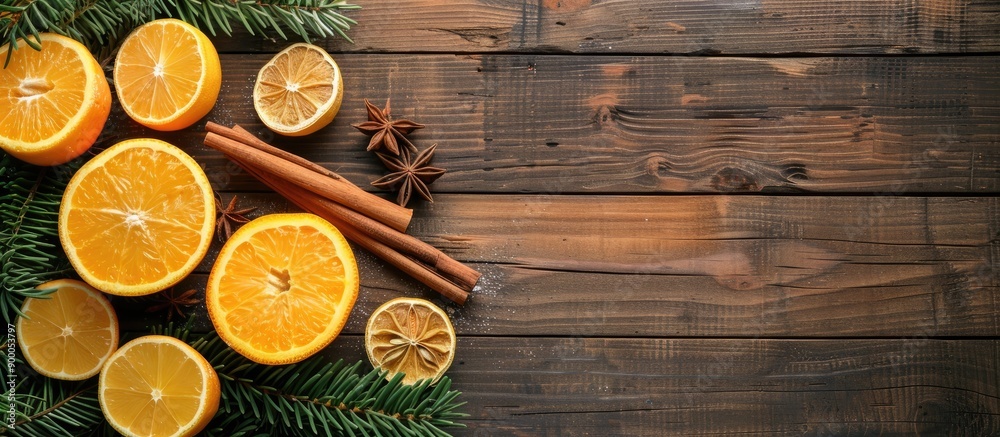 Aufkleber citrus fruits spices and pine branches arranged on a wooden backdrop with copy space image