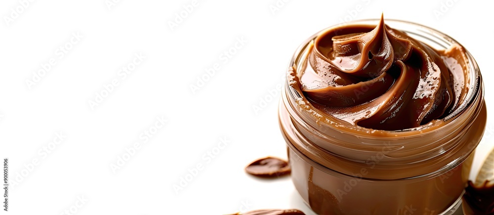 Leinwandbilder Chocolate peanut butter spread in a glass jar isolated on a white background with a blank space for adding text or other elements in the image. with copy space image. Place for adding text or design