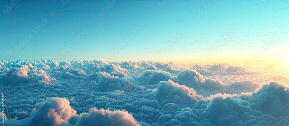 Poster scenic view of the vivid blue sky with fluffy clouds stretching across the horizon in a copy space i