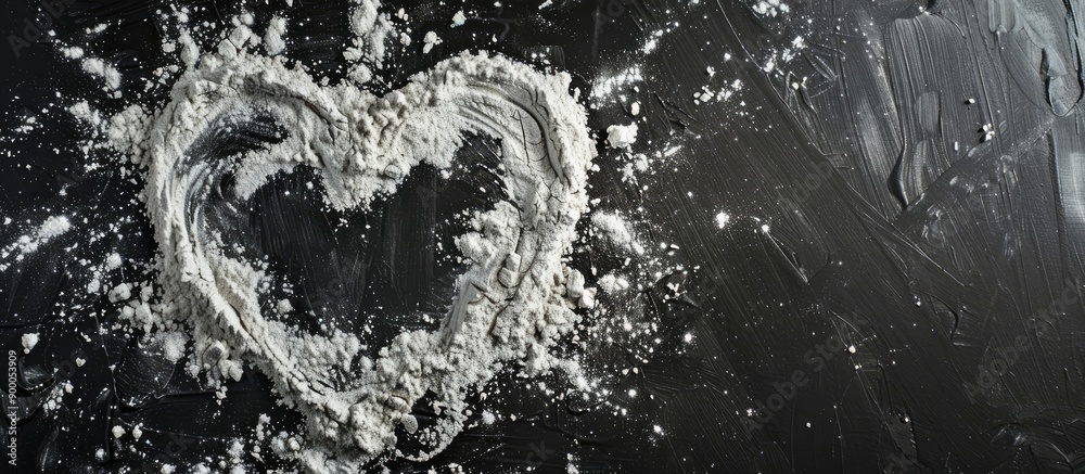 Aufkleber Heart shape drawn on flour on black backdrop in a top down view with copy space image