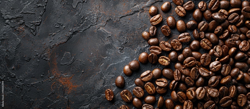 Aufkleber Coffee beans atop a stone surface viewed from above with room for text Background of roasted coffee beans with a textured close up shot. with copy space image. Place for adding text or design