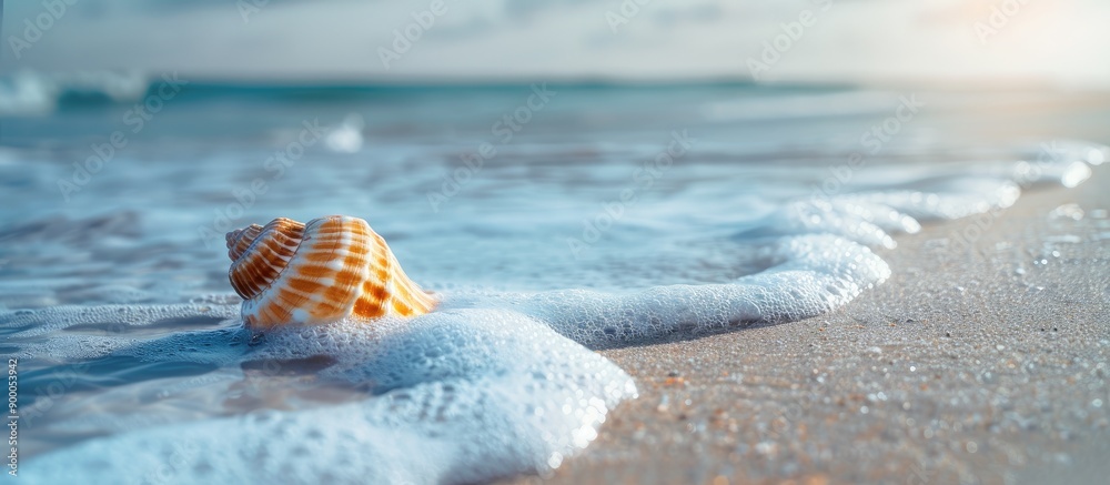 Poster A seashell rests on the sandy beach with gentle waves creating a tranquil backdrop setting ideal for a beautiful copy space image