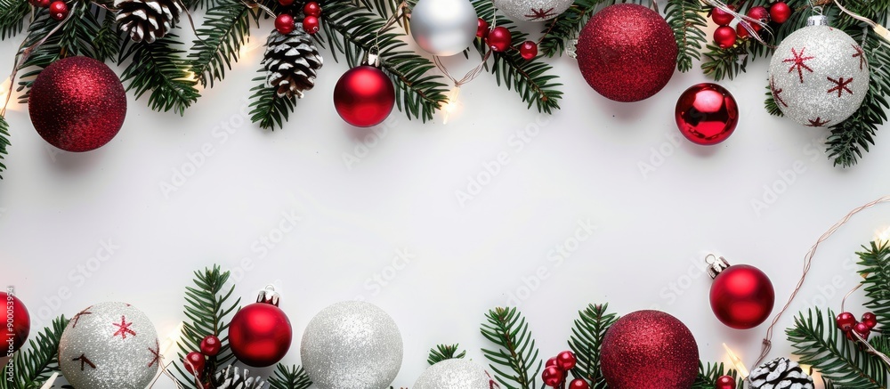 Poster Christmas balls in red and silver green fir branches adorned with lights on a white backdrop with ample copy space image for a festive flat lay