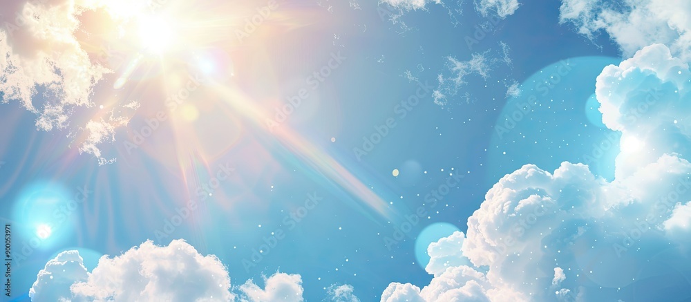 Poster Abstract background showing a sunny blue sky with fluffy white clouds and light flare ideal for adding content on copy space image
