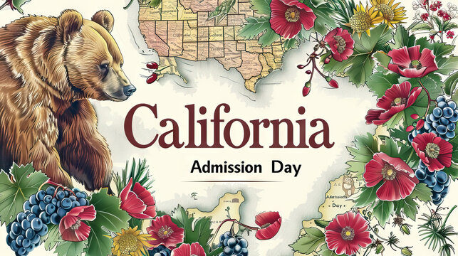 a California Admission Day banner background featuring a map of California with key cities and landmarks highlighted, surrounded by the state bear, poppies, and grapes.