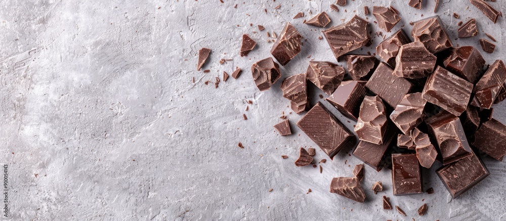 Poster top down view of chocolate chunks on a gray surface with ample copy space image