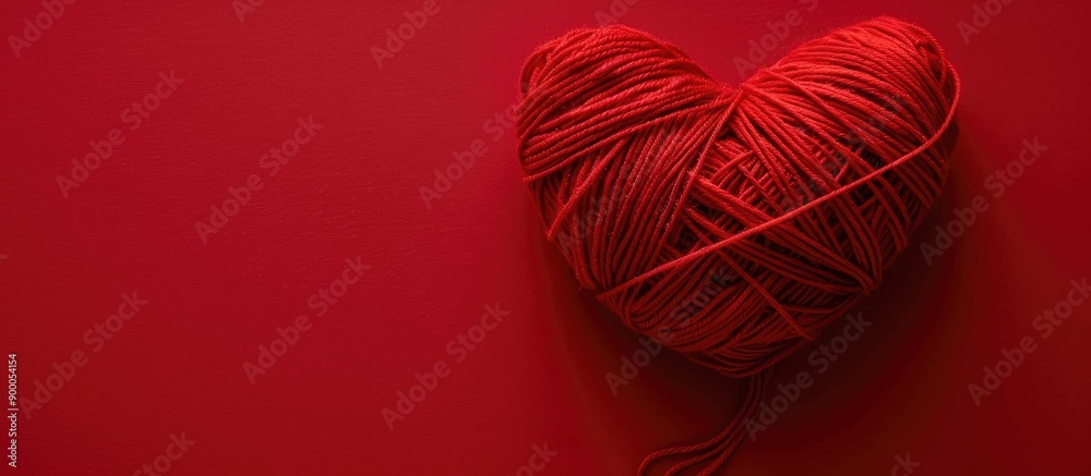 Poster a red yarn heart set on a red background offers ample copy space for text conveying a romantic valen