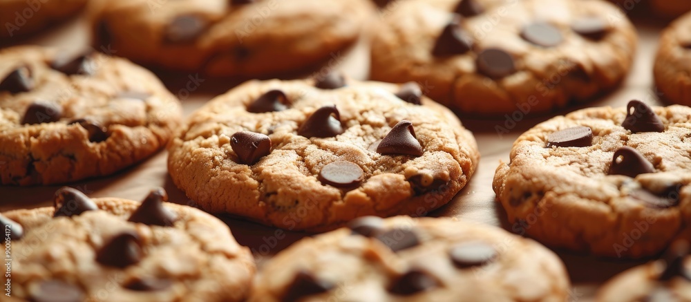 Poster Close up of delicious chocolate chip cookies with selective focus on one cookie perfect for a copy space image