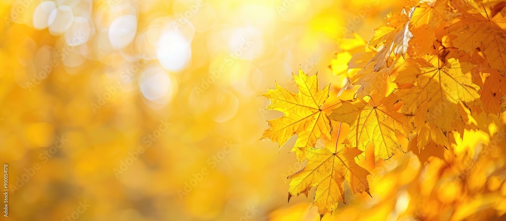 Aufkleber copy space image with vibrant yellow maple leaves on a blurred autumn background