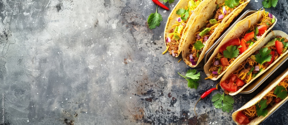 Aufkleber An appealing arrangement of delicious tacos on a textured table with copy space image