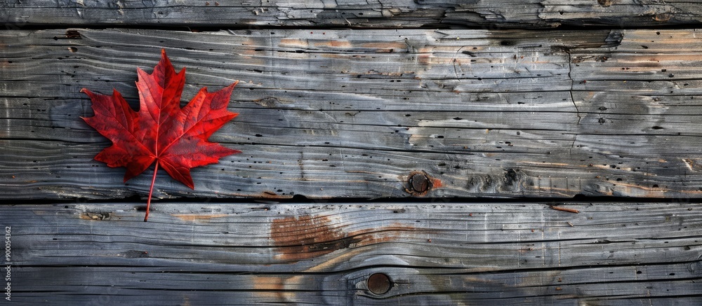 Poster weathered wood floor with a red maple leaf providing a visual focal point in a copy space image