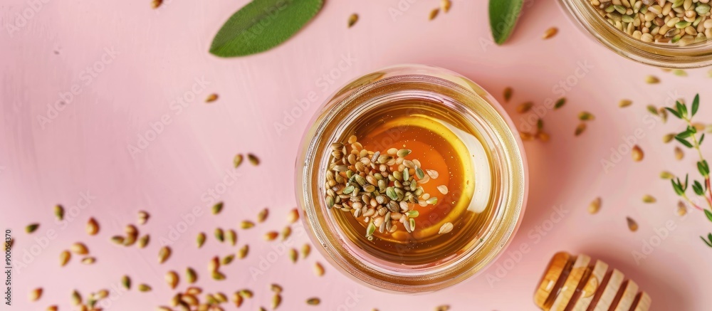 Poster Top down view of a jar filled with seeds and honey on a pink background suitable for web banners with ample copy space image