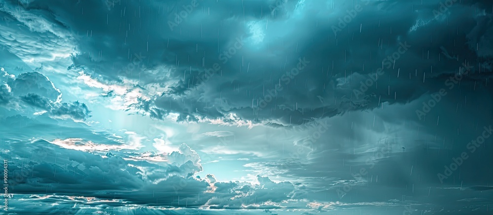 Poster Rainy dark sky with clouds and sparse sunlight creating a sky background suitable for copy space image