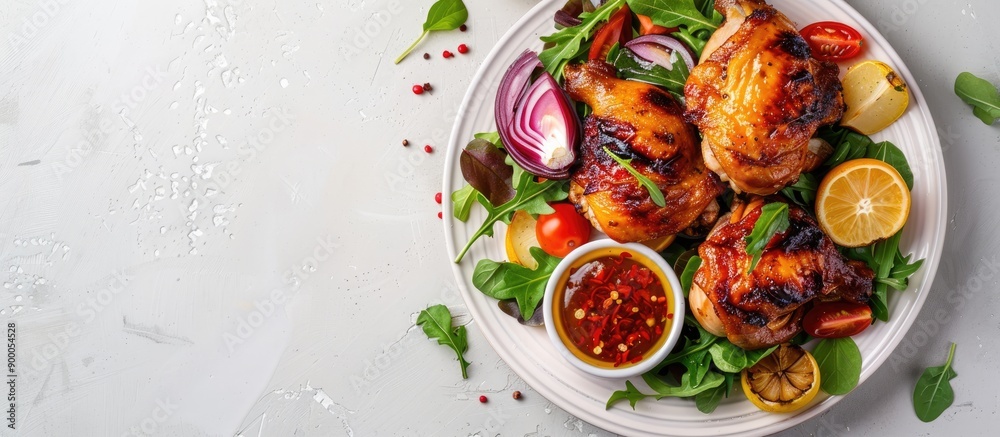 Poster a plate with honey and mustard glazed roast chicken veggies and spicy sauce set against a blank back