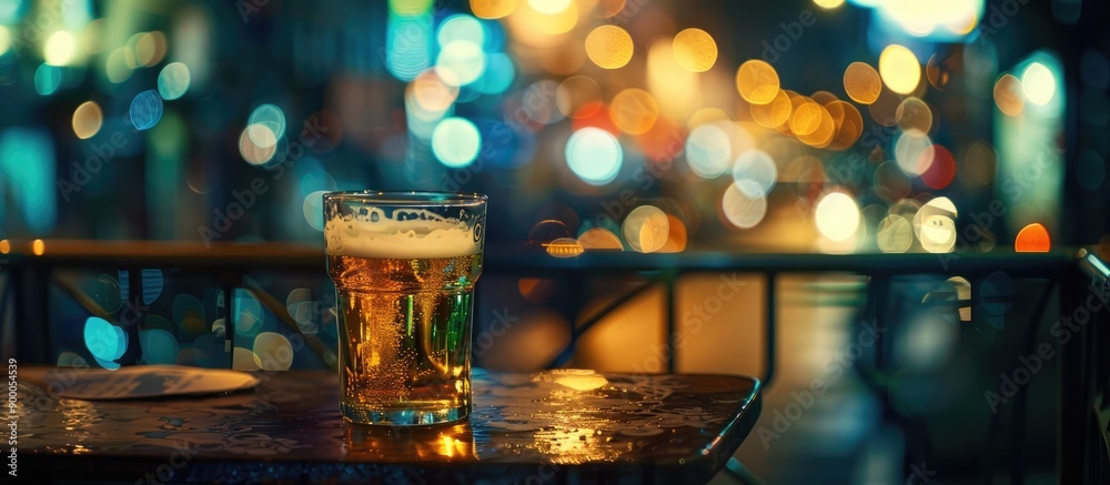 Aufkleber A glass of beer in a dimly lit cafe at night with a blurred bokeh background. with copy space image. Place for adding text or design