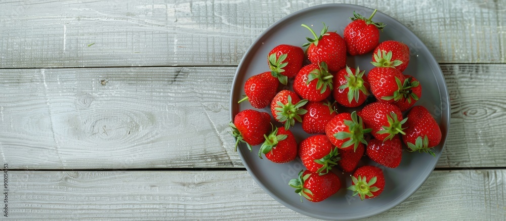 Leinwandbilder a vibrant array of ripe strawberries is placed on a gray plate against a light wooden backdrop creat