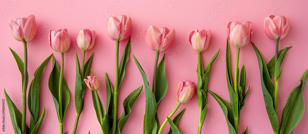 Fototapete A bunch of pink tulips arranged on a pink backdrop with space for text or other elements in the image. with copy space image. Place for adding text or design