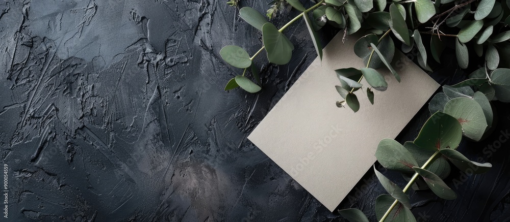 Aufkleber Elegant table arrangement with eucalyptus branch and blank card on a dark backdrop ideal for a copy space image