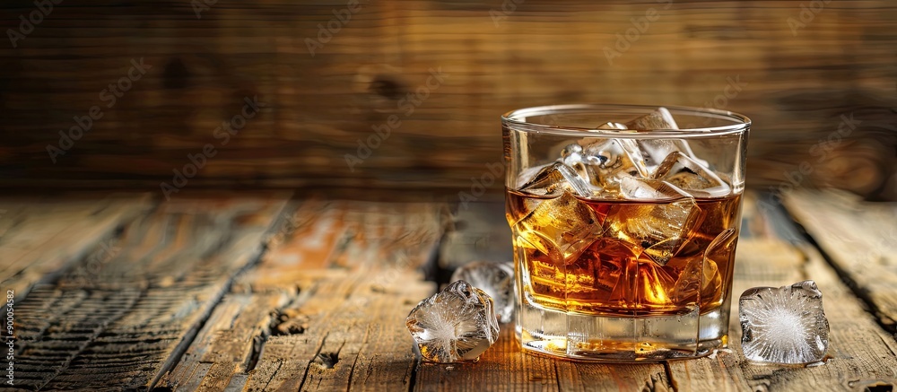 Poster whiskey glass with ice on wooden table with copy space image
