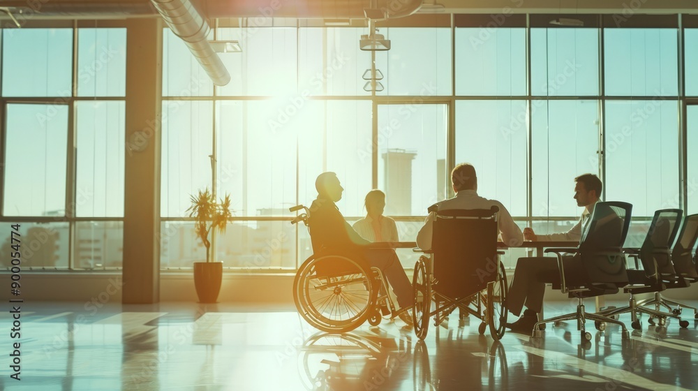 Poster team meeting with two men in wheelchairs in modern office. emphasizing workplace inclusion and acces
