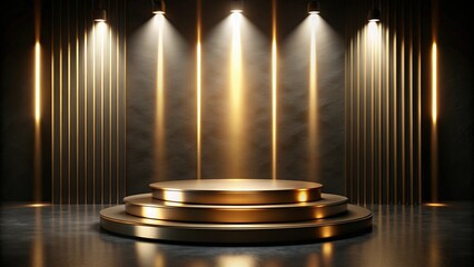 Golden podium illuminated by spotlights.