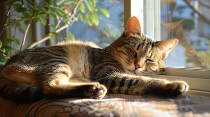 Comfort of a cat curled up on a sunny window sill in a quiet home