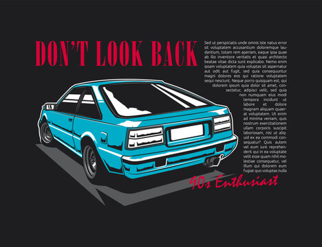 90s blue car with newspaper layout text for tees vector design illustration