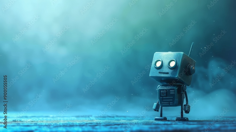 Poster Retro-style small robot standing in a misty environment with a nostalgic feel. Represents a blend of vintage design and futuristic technology.