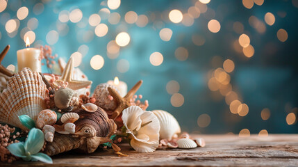 Summer Beach-themed decorations with an emphasis on elegant and sophisticated lighting. The image should highlight a beautifully designed decorations display.