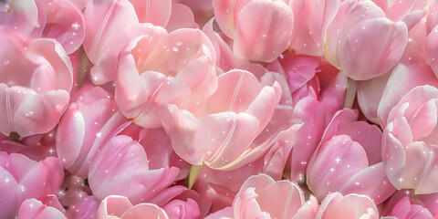 Fototapeta premium a romantic photography style seamless pattern of pink tulips. film, photography, super fresh, and covered with morning dewdrops, creating romantic atmosphere. 