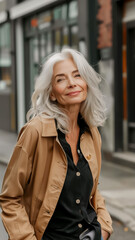 Fototapeta premium A woman with gray hair is wearing a tan jacket and smiling