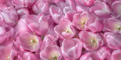 a romantic photography style seamless pattern of pink tulips. super fresh, and coverd with dewdrops, creating romantic atmosphere.