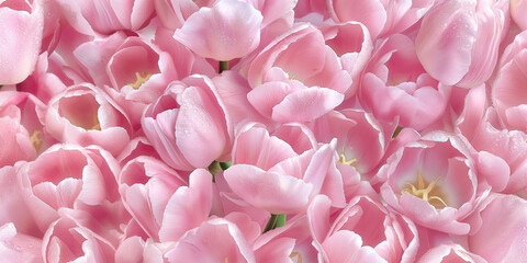 Fototapeta premium a romantic photography style seamless pattern of pink tulips. photography, super fresh, and covered with dewdrops, creating romantic atmosphere. 