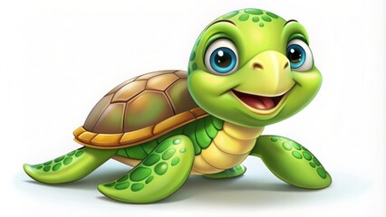 Fototapeta premium Adorable green turtle cartoon character smiling and looking up with big shiny eyes and yellow stripes on its shell on a clean white background.