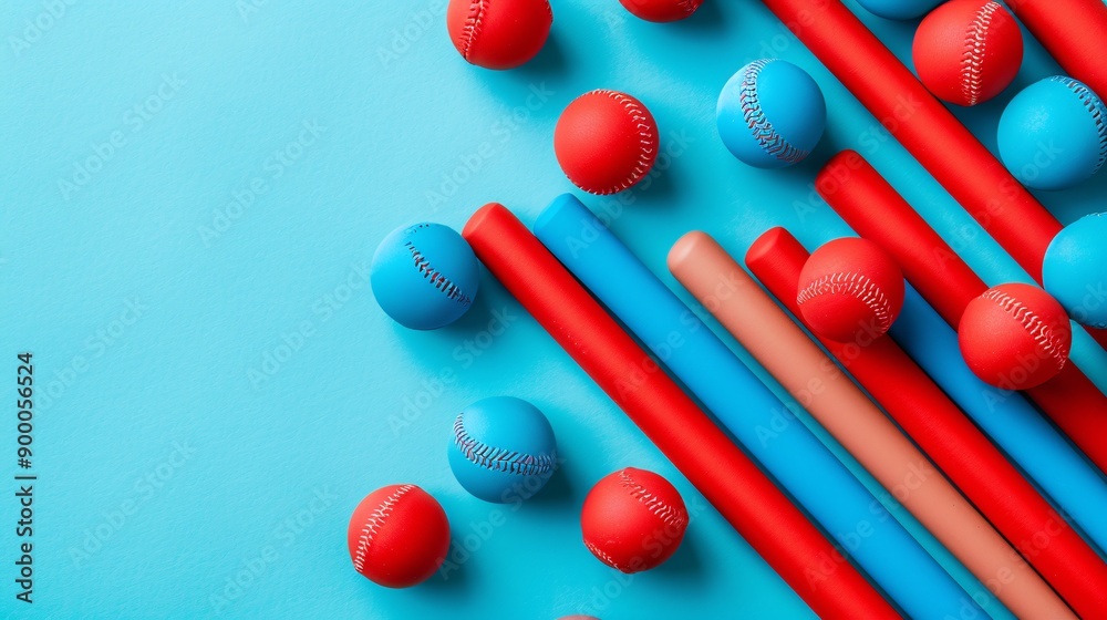 Poster simple diamond-shaped baseball field with geometric bats and balls in bright red and blue colors sto