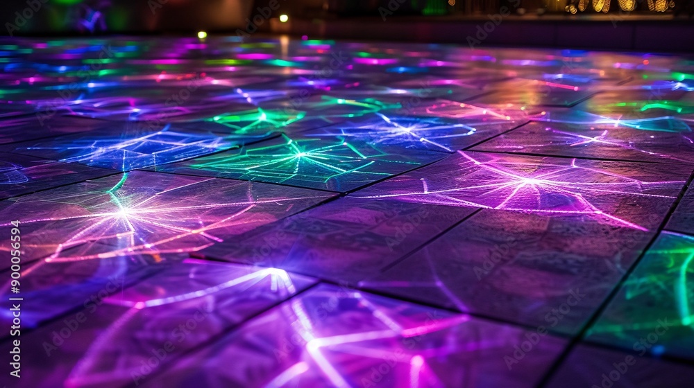 Poster abstract breaking dance floor with graffiti-style elements and geometric dance moves in bright purpl