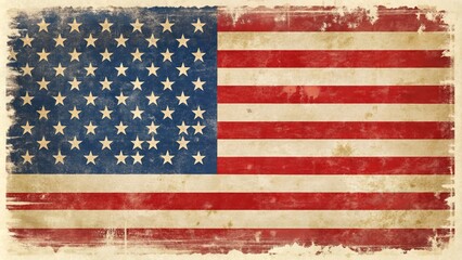 Fototapeta premium Vintage distressed American flag with bold red and blue hues on a creamy white background, featuring classic font announcing Independence Day celebrations.